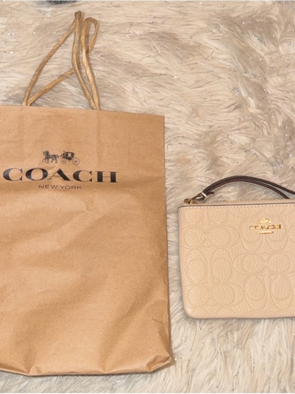 Coach Pebbled Leather Wristlet in Light Beige
